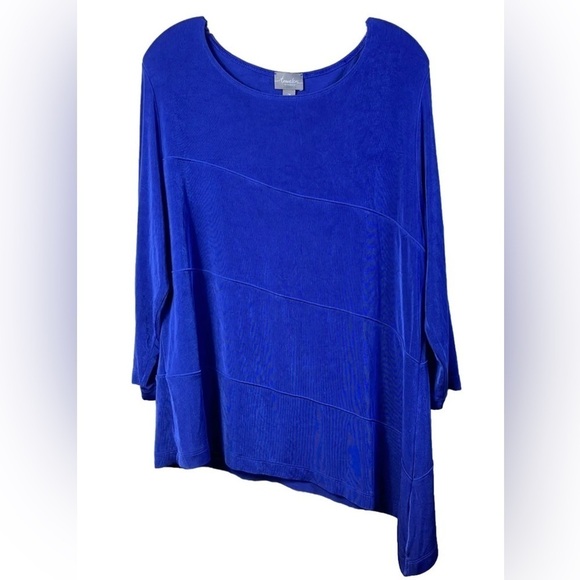 Chico's Liquid Knit Asymmetrical Women's Tunic Cobalt Blue Size L Tiered Slinky - Picture 1 of 8